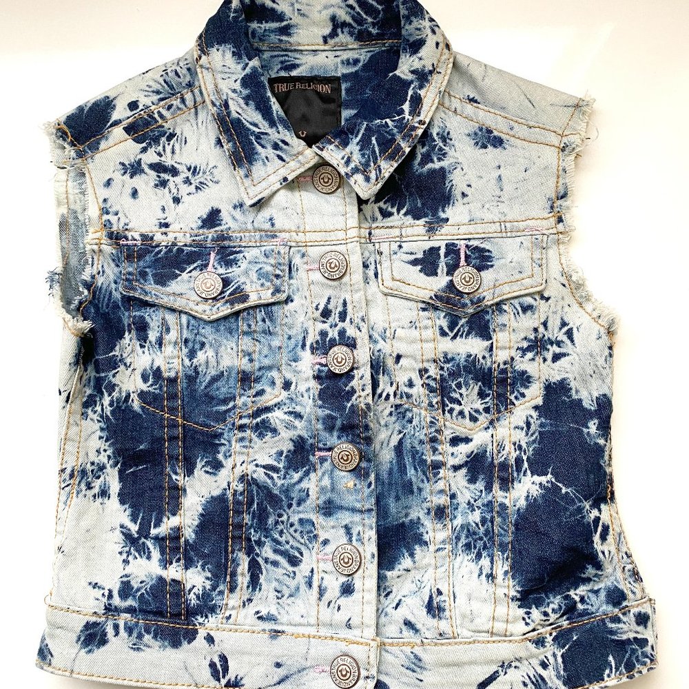 Girls True Religion Denim Frayed Bleach Dyed Jean Vest